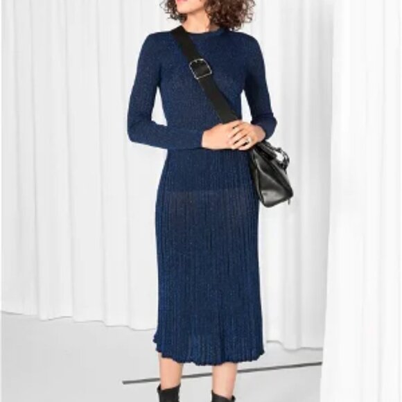 Other Stories Glittery Pleat Rib Midi Skirt Navy Size XS - Picture 2 of 9